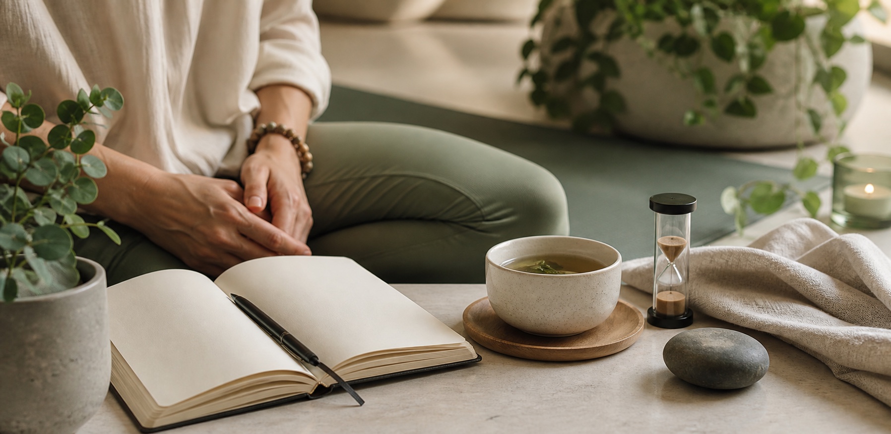 A calm breathwork setup with tea, journal, plants, and a meditation timer.
