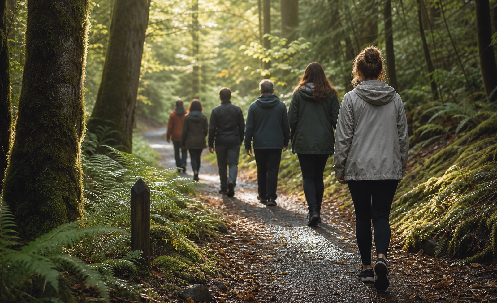 A small group walking mindfully through a green forest trail.