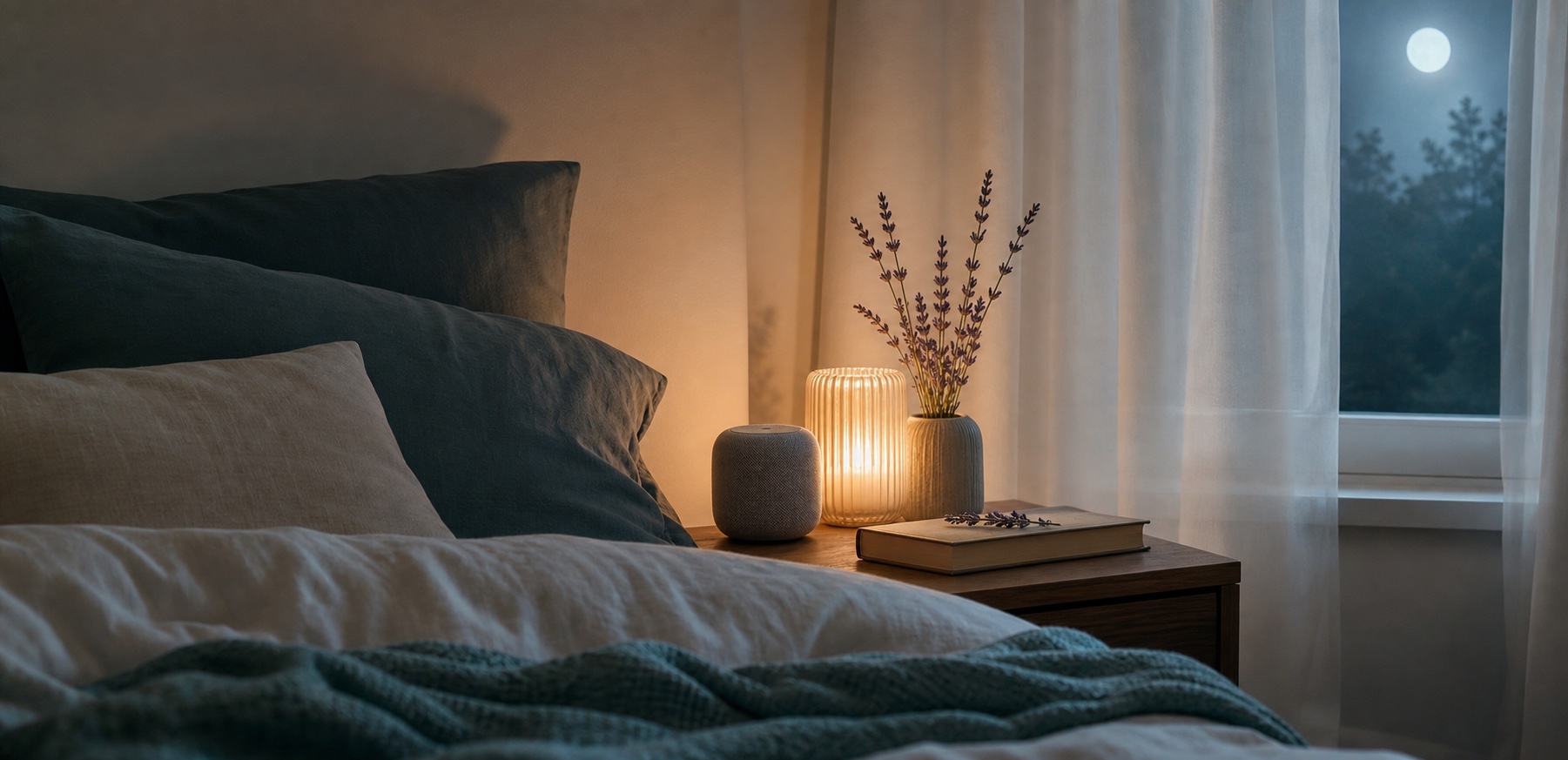A quiet bedroom corner with a lamp, speaker, lavender, and moonlight.